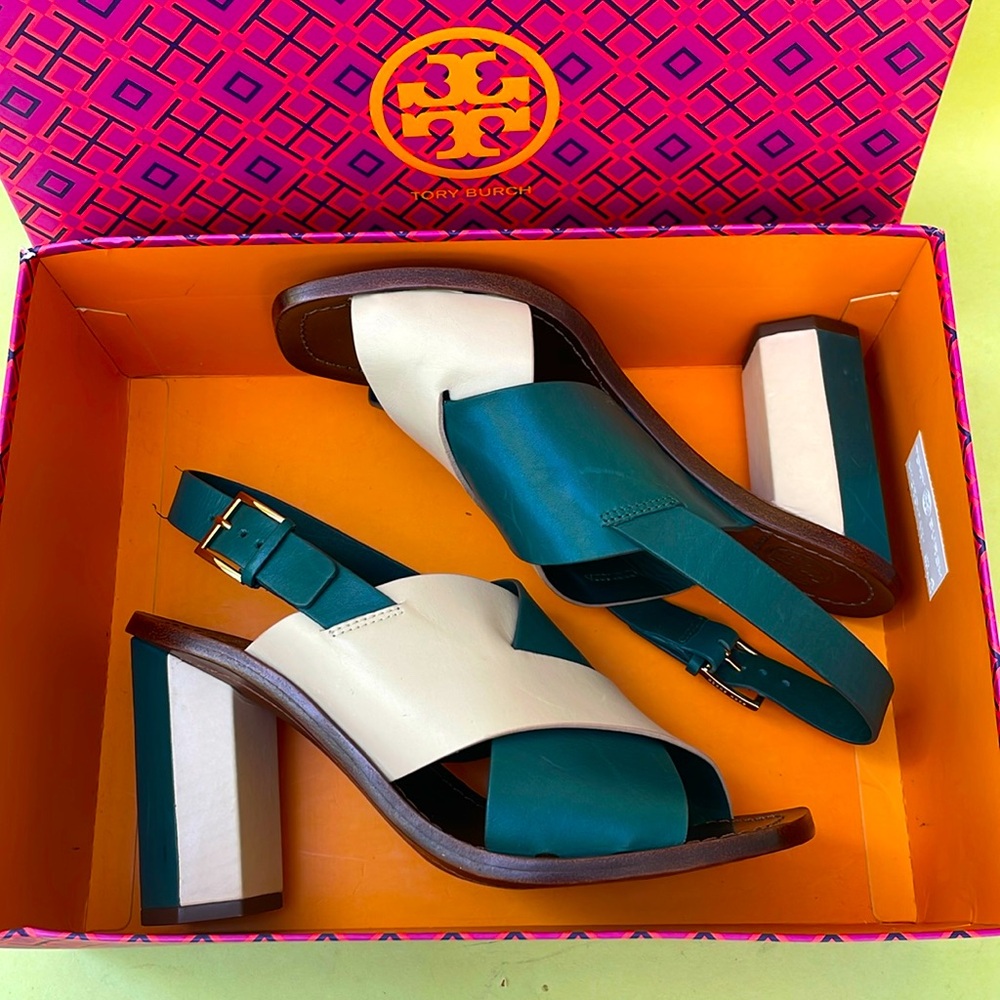 New teal/light gray Tory Burch all leather heels in box